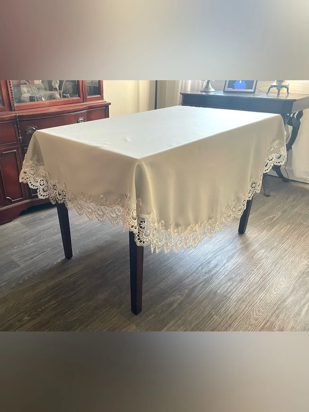 Bella Lux Fine Linens Tablecloth Elegant Oval Taupe Lace Trim Polyester 70x74